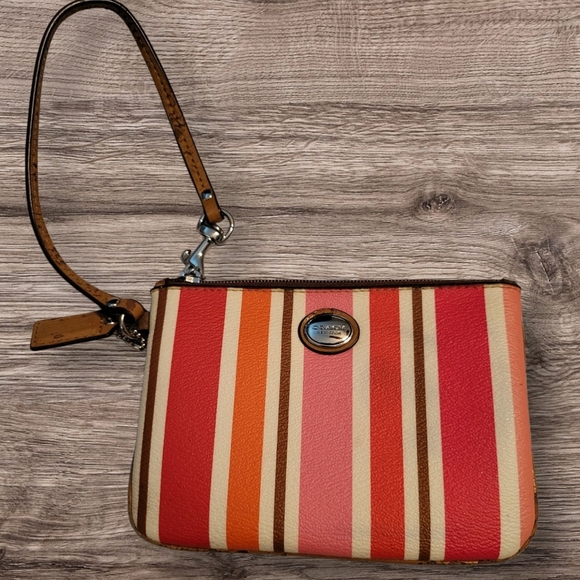 Coach Striped Wristlet In Bright Pink, Orange, and Red